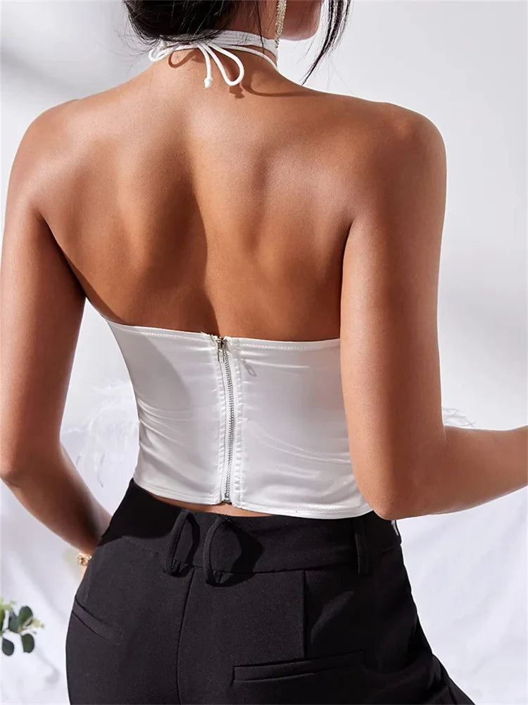 Y2K Sexy Women Vest Sleeveless Off Shoulder Halter Tieup Backless Feather Patchwork Summer Tube Club Party Tank Crop Top