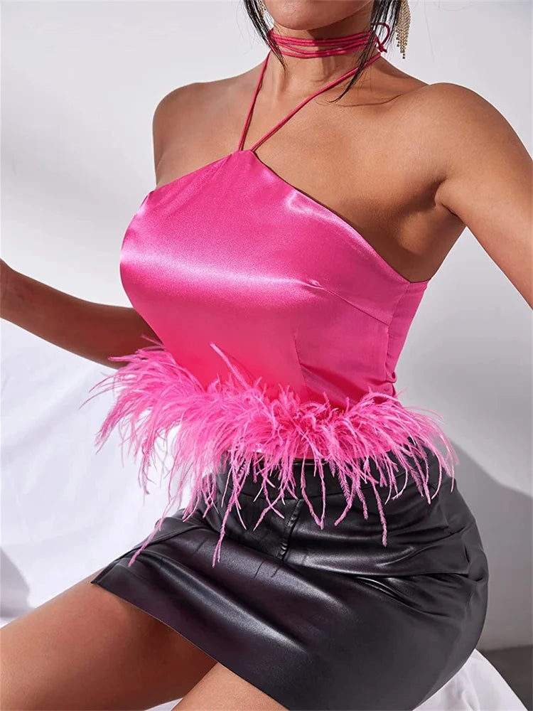 Y2K Sexy Women Vest Sleeveless Off Shoulder Halter Tieup Backless Feather Patchwork Summer Tube Club Party Tank Crop Top