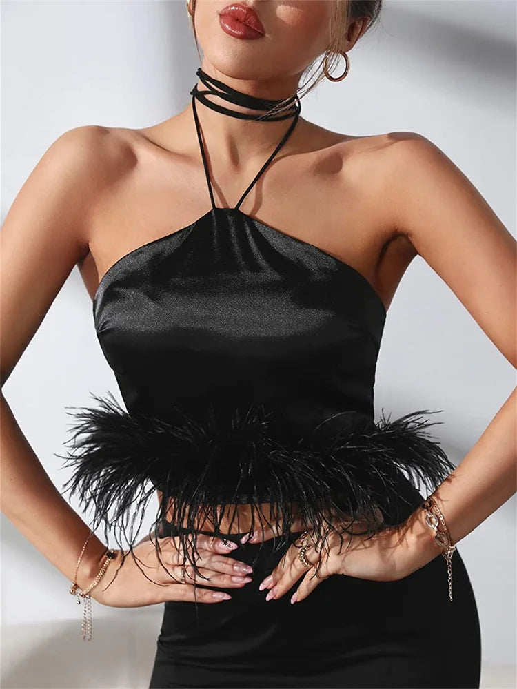Y2K Sexy Women Vest Sleeveless Off Shoulder Halter Tieup Backless Feather Patchwork Summer Tube Club Party Tank Crop Top