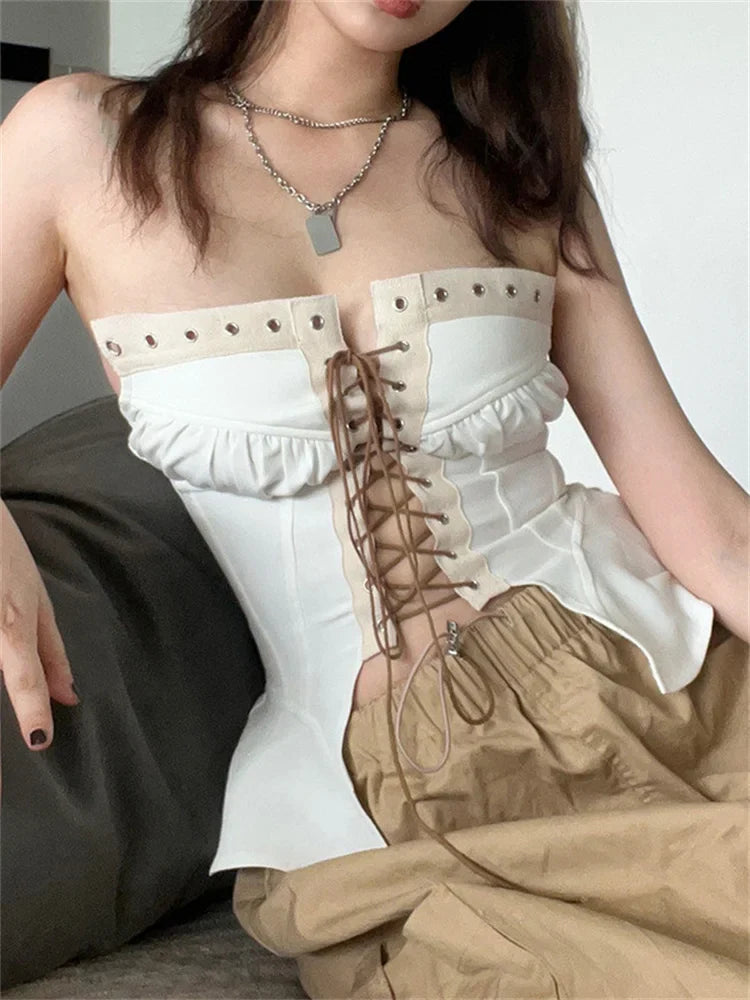 Y2K Strapless Off Shoulder Tube Cropped Summer Clubwear Front Hollow Out Crisscross Tieup for Women Vest Crop Top