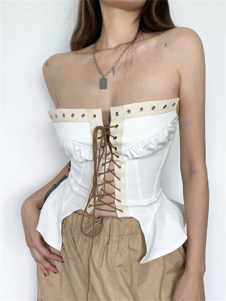 Y2K Strapless Off Shoulder Tube Cropped Summer Clubwear Front Hollow Out Crisscross Tieup for Women Vest Crop Top