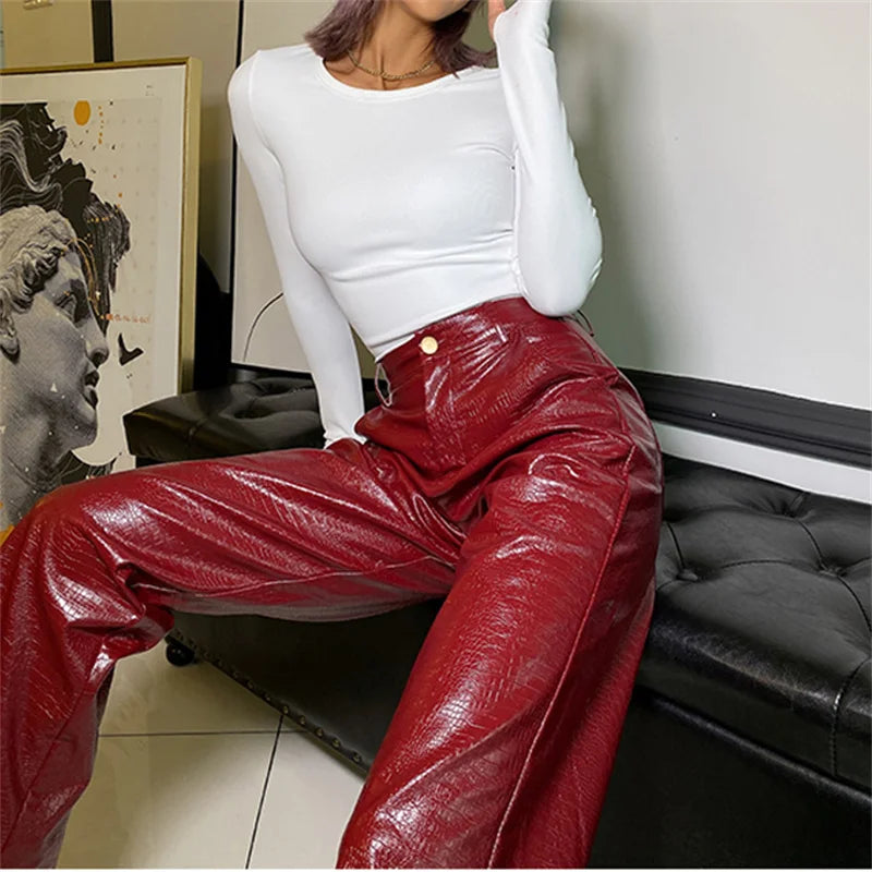Vintage PU Leather High Waist Button StraightLeg Punk Streetwear Female Pants
