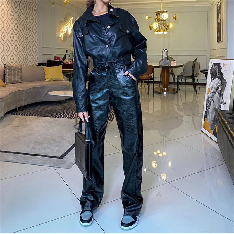 Vintage PU Leather High Waist Button StraightLeg Punk Streetwear Female Pants