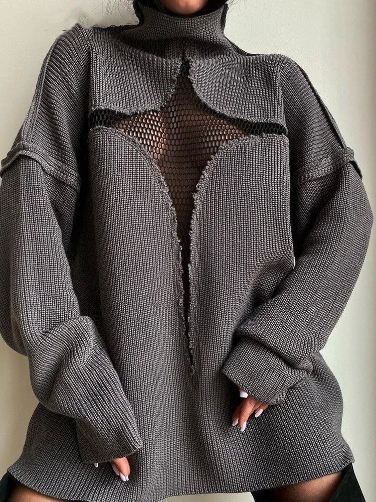 JuliaFashion  Y2K Spring Autumn Hollow Out Knitwear Mesh Patchwork Long Sleeve High Neck Ribbed Knitted Pullovers Sweater