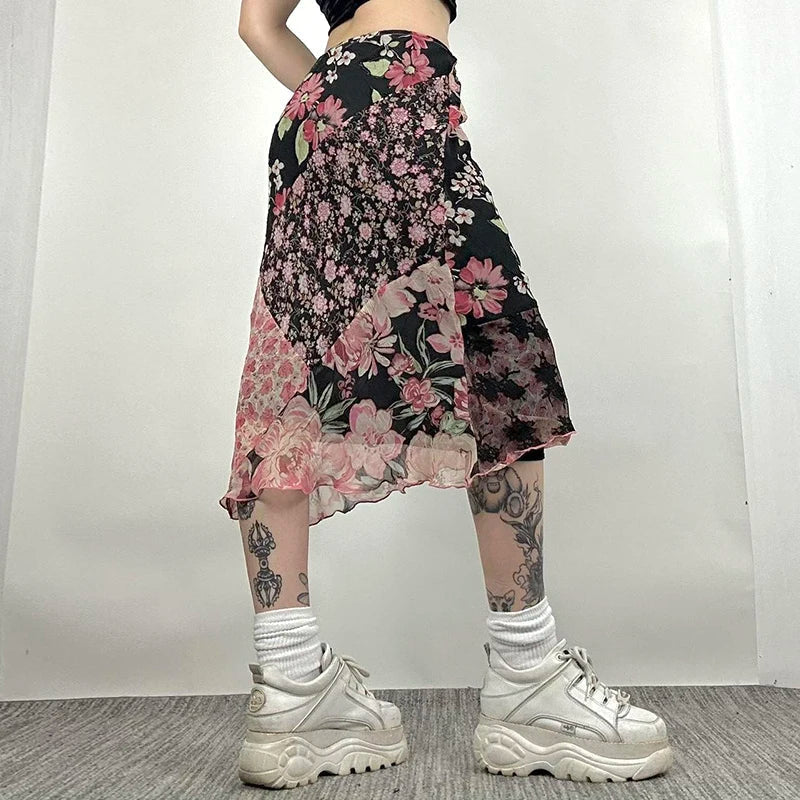 Chic Floral Print Low Rise Patchwork Skirt