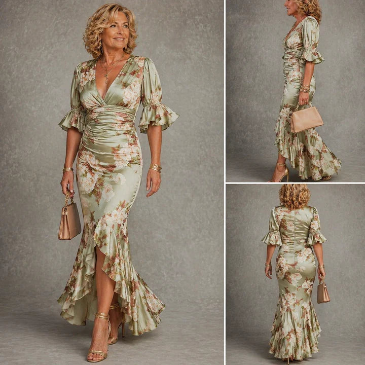 V-Neck Flounce Sleeve Floral Satin Ruched Ruffle Hem Mermaid Maxi Dress