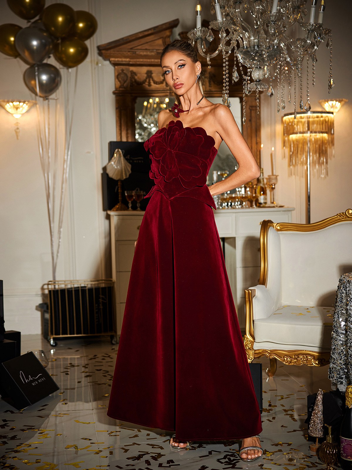 Strapless Flower Velvet Maxi Dress