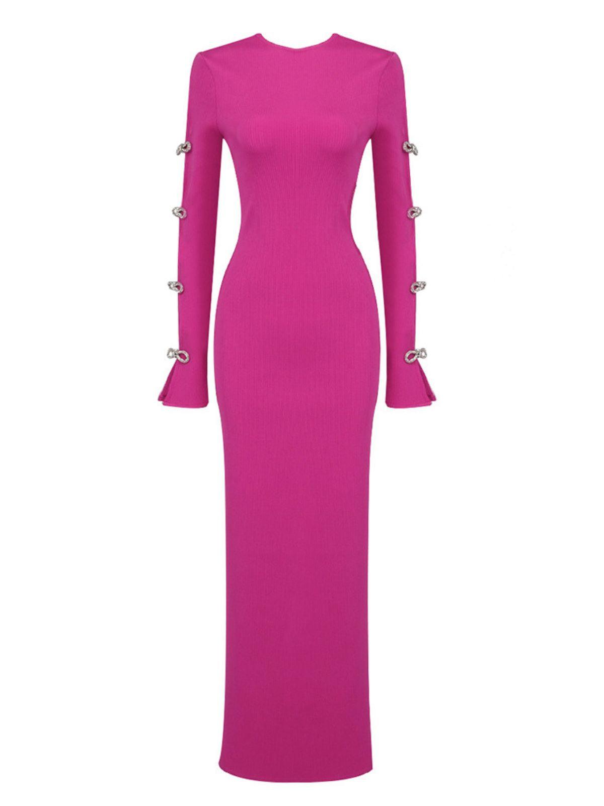 Crew Neck Crystal Bow Cutout Sleeve Bodycon Maxi Dress