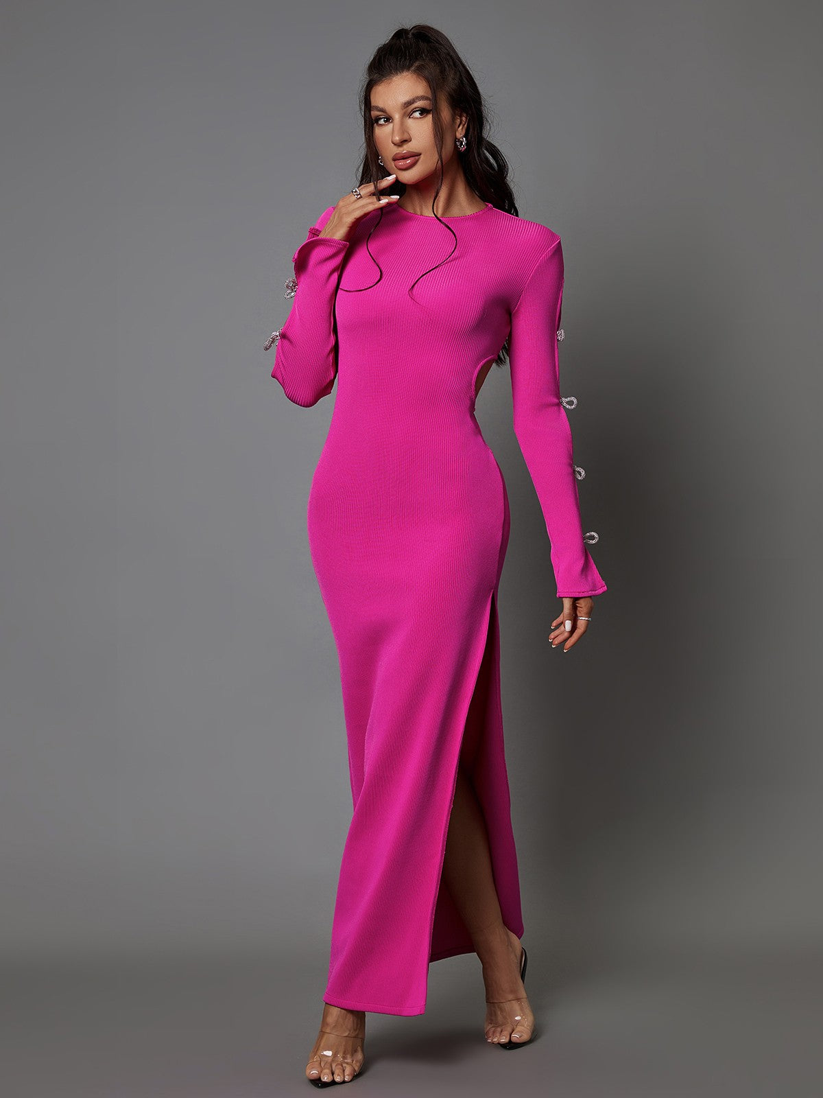 Crew Neck Crystal Bow Cutout Sleeve Bodycon Maxi Dress