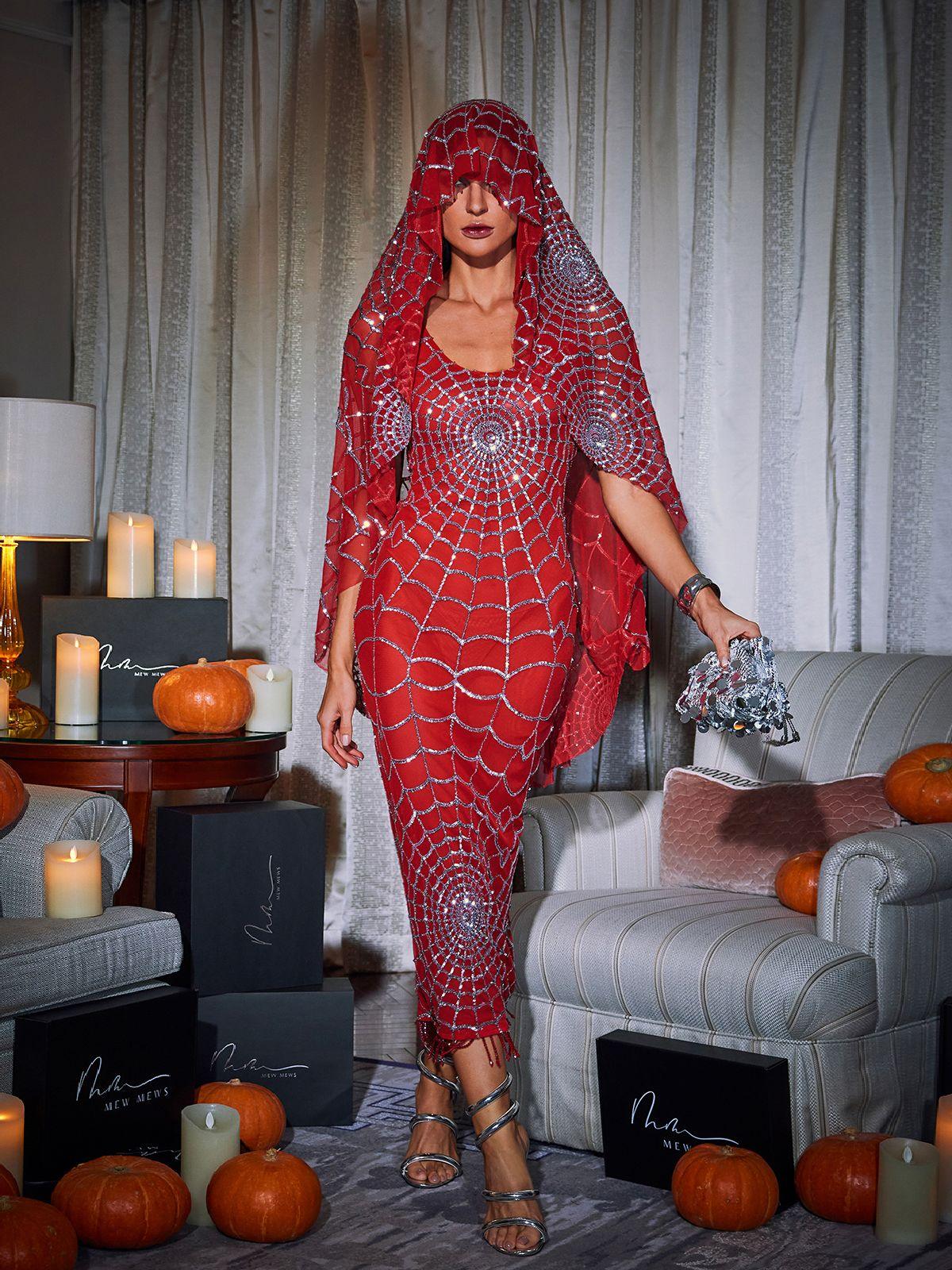 Scoop Neck Cobweb Sequin Midi Dress In Red