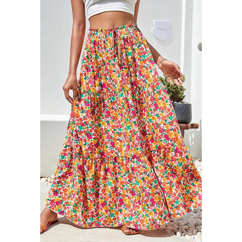 Bohemian Maxi Skirts High Waist Colorful Printed Loose A-line orange / S