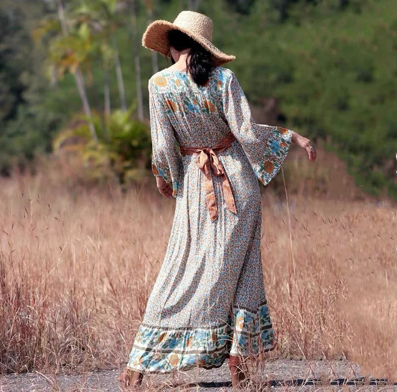 Flare Sleeve Button Down Printing Chic Boho Dress