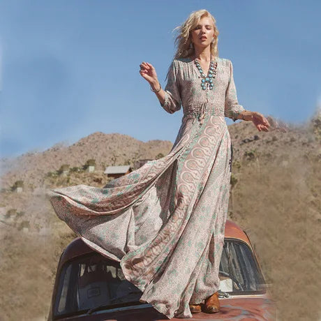 Embroidery White Elegant Cotton Party Boho Dress Brown / S bohodress-250126