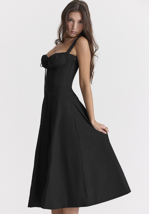 Corset Bodice Ruched Bust Tie-Front Flared Strap Midi Dress 9