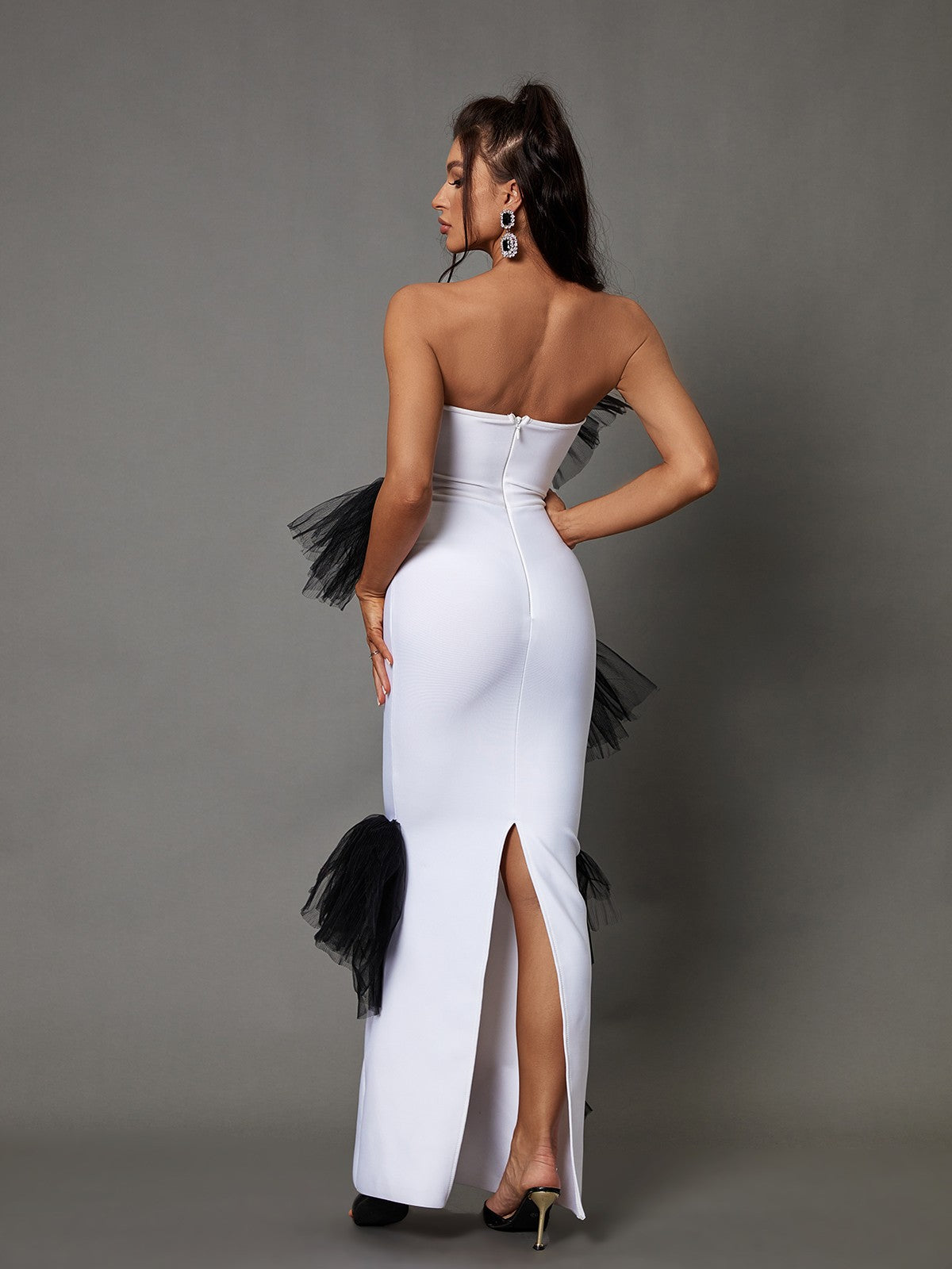 Strapless Contrast Tulle Ruffle Bow Mermaid Maxi Dress