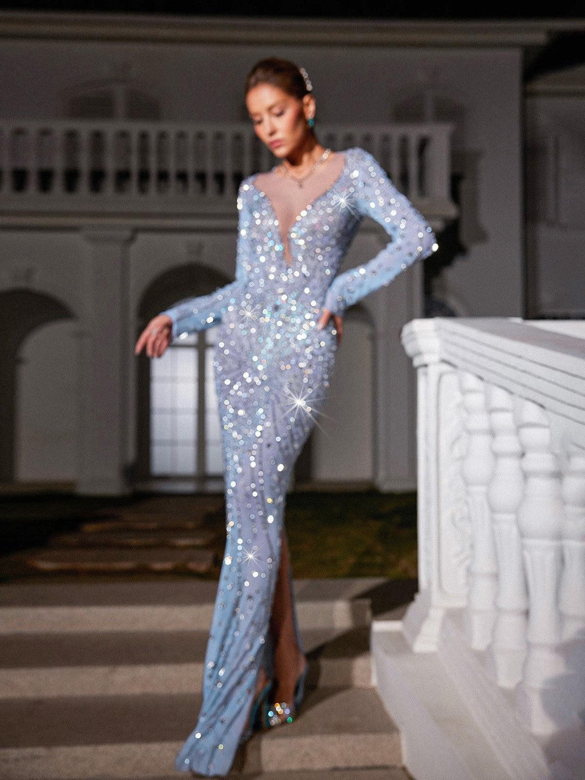 Long Sleeve Rhinestone Mesh Maxi Dress