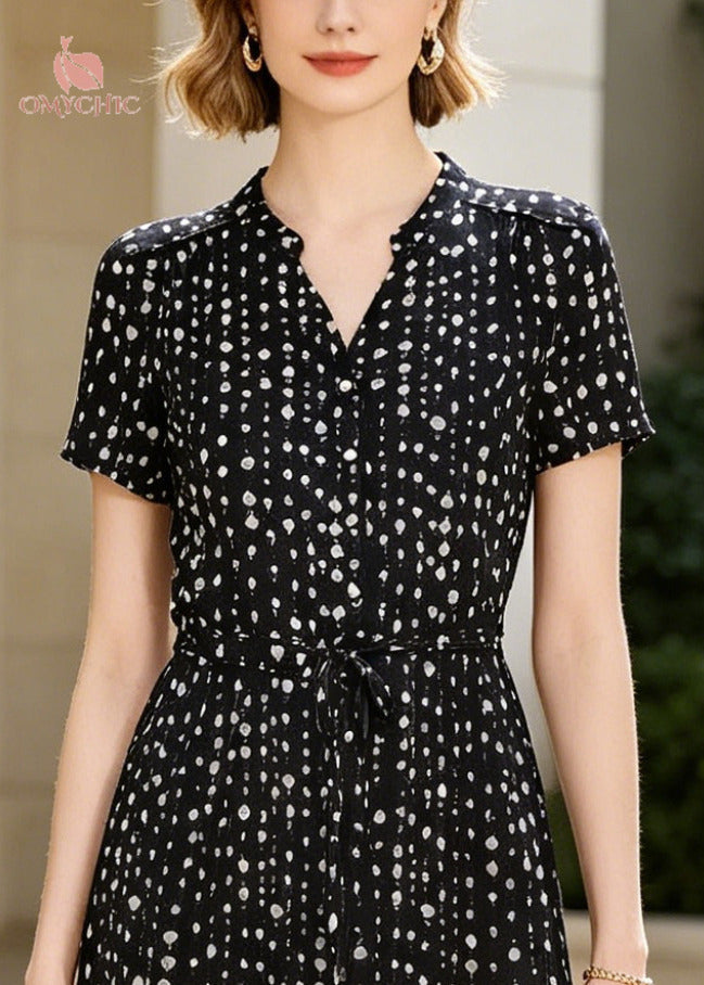 Casual Black Tie Waist Print Silk Day Dress Summer