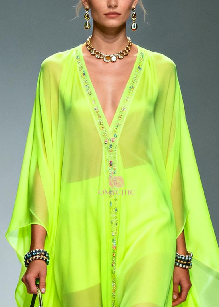 Casual Fluorescent Green Oversized Zircon Chiffon Long Dress Summer