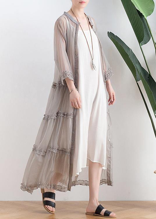 Casual Grey Button O-Neck Ankle Summer Chiffon Dress
