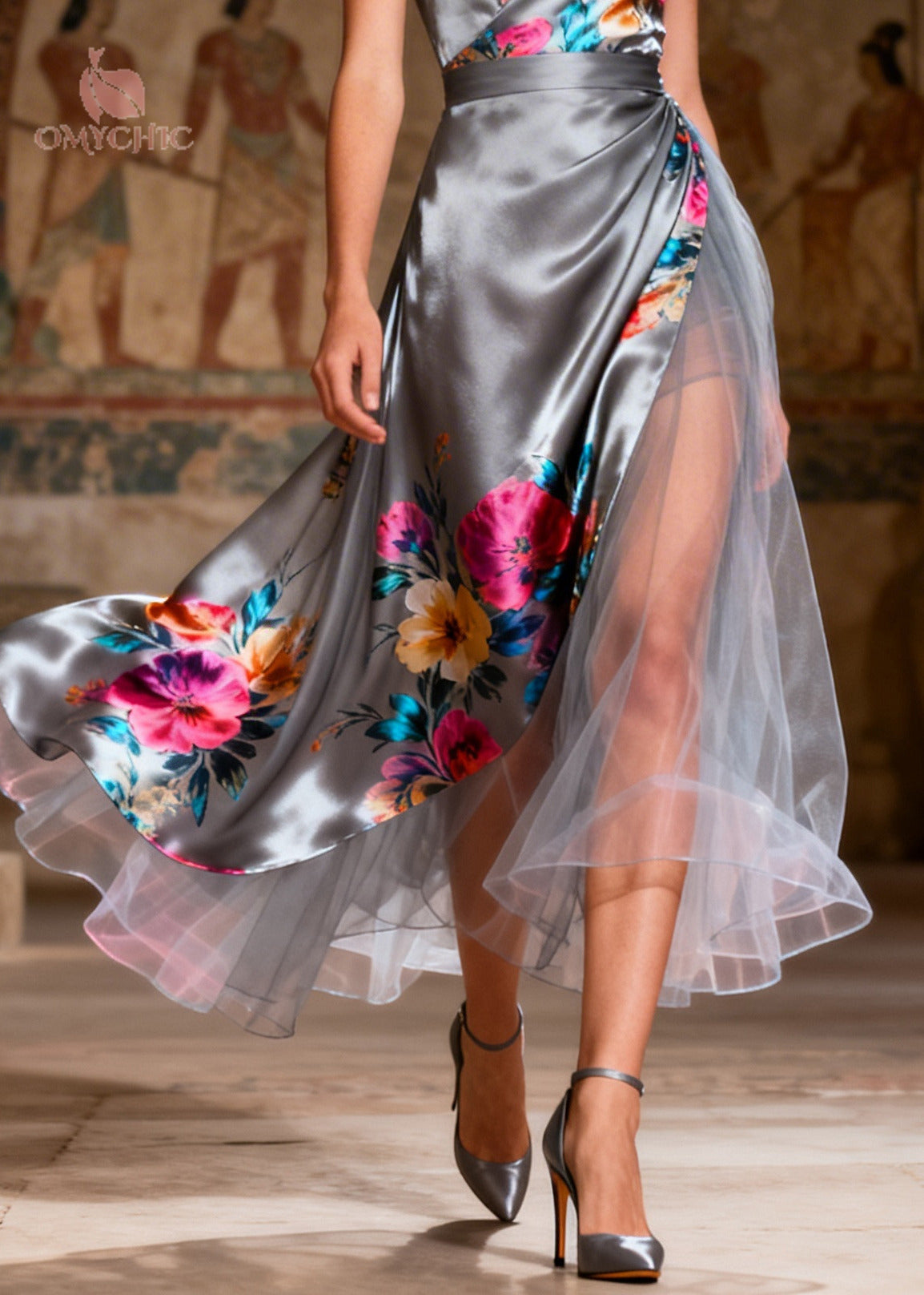 Casual Grey Print Patchwork Tulle Silk Holiday Dress Summer