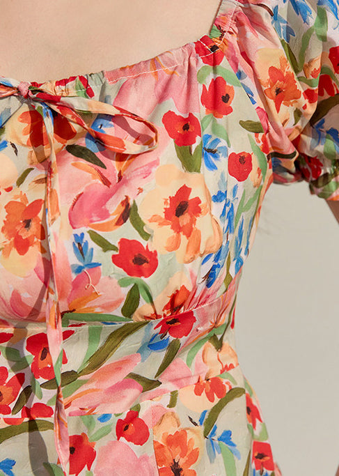 Casual Pink Square Collar Print Cotton Vacation Dresses Summer
