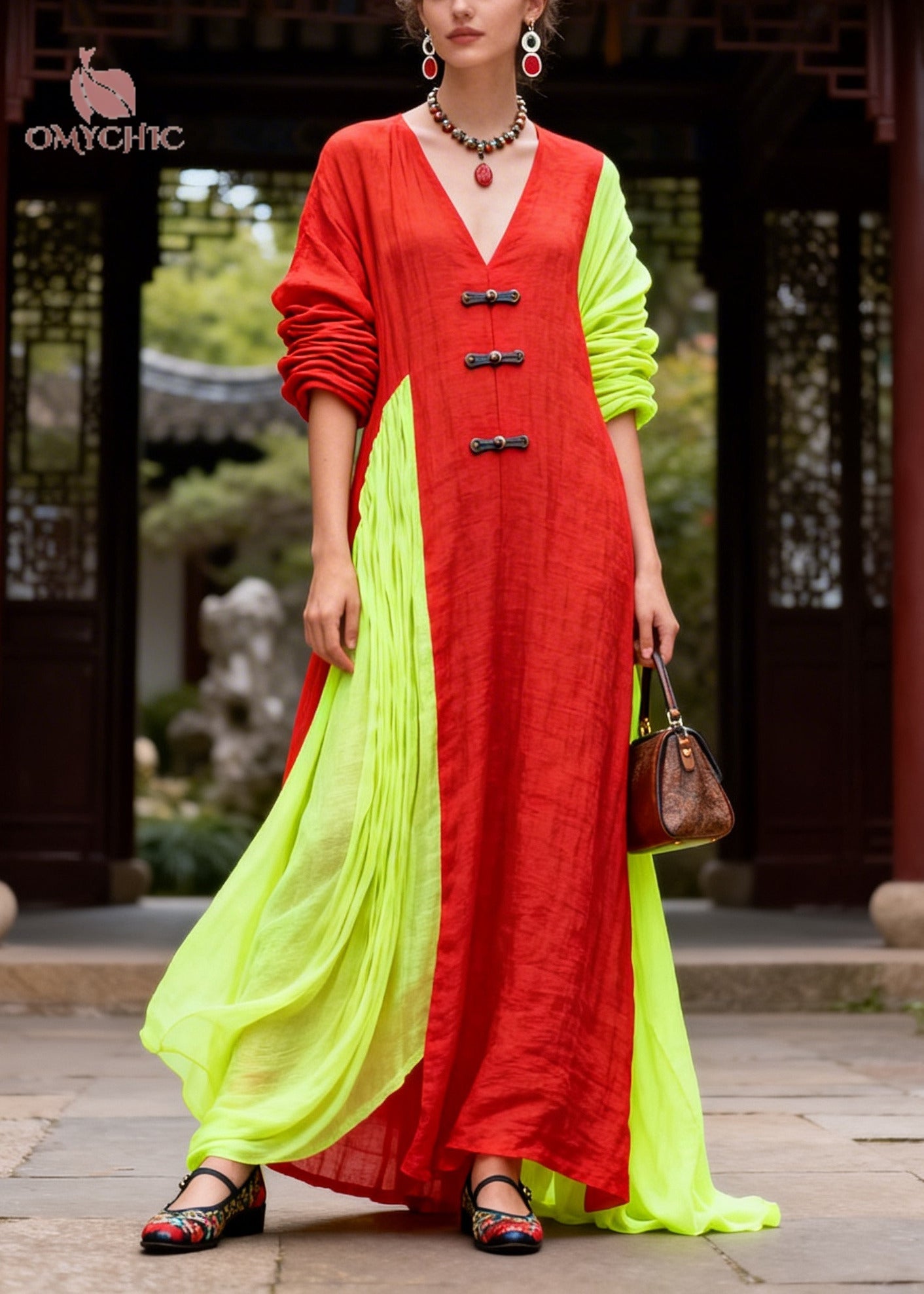 Casual Red Asymmetrical Patchwork Chinese Button Cotton Vacation Dresses Fall
