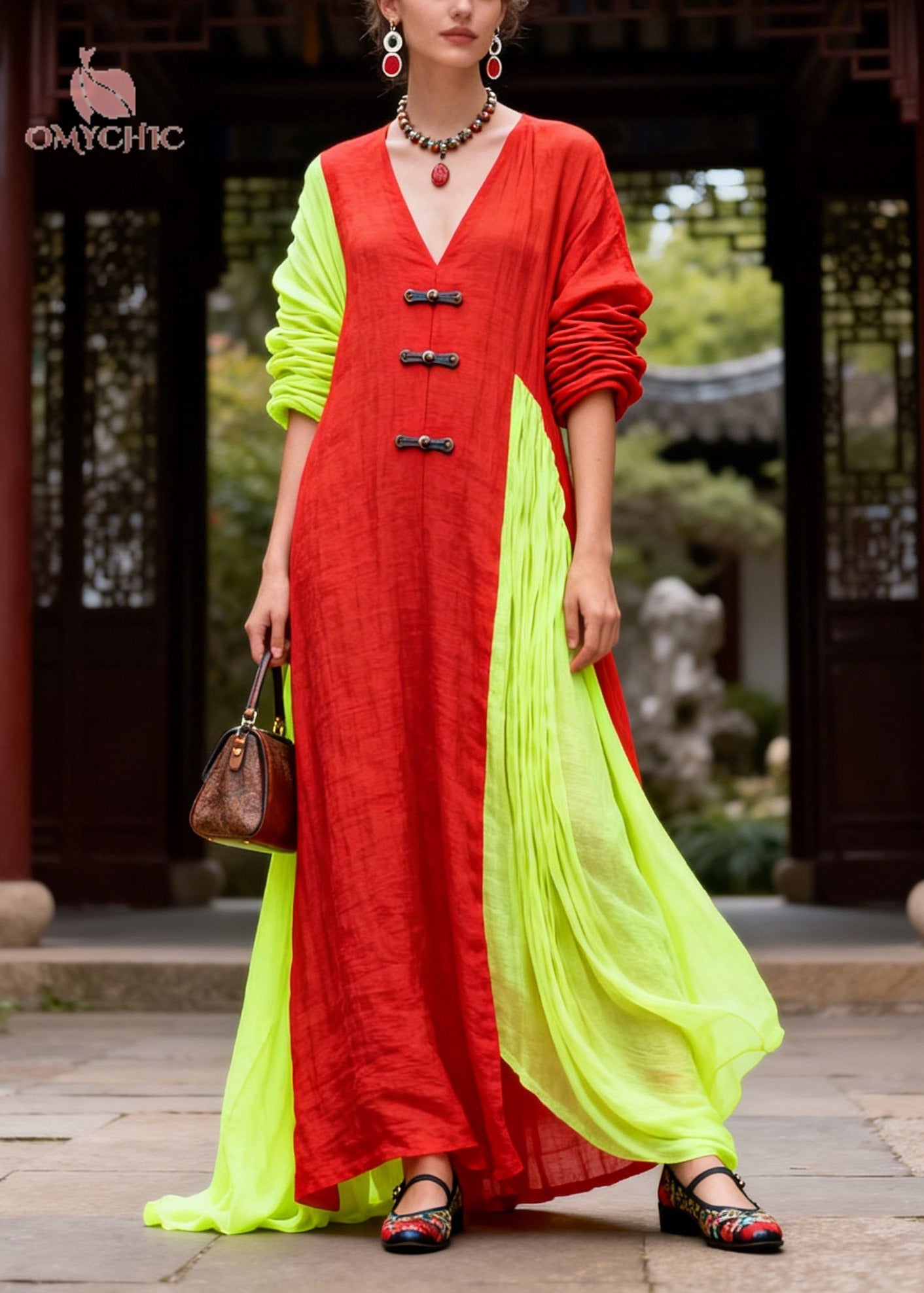 Casual Red Asymmetrical Patchwork Chinese Button Cotton Vacation Dresses Fall