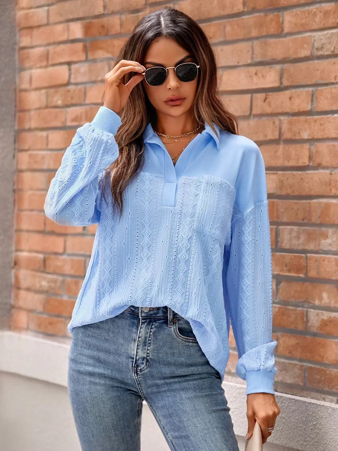 Solid Lapel Pullover Knit Blouse Elegant Blouse Blue / S blouse-250126