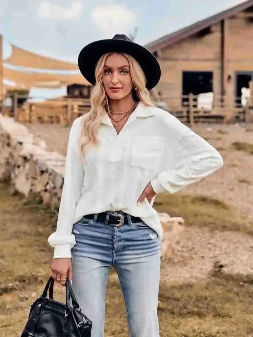 Solid Lapel Pullover Knit Blouse Elegant Blouse White / S blouse-250126