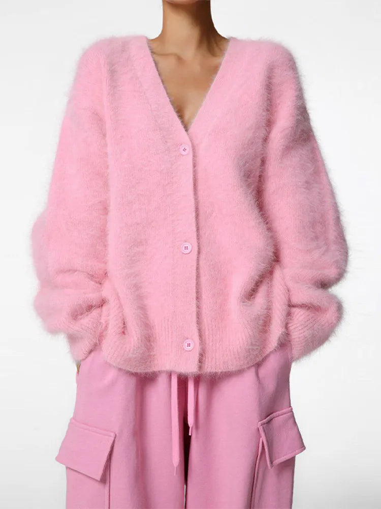 Furry Button Long Sleeve Cardigan Pink / S