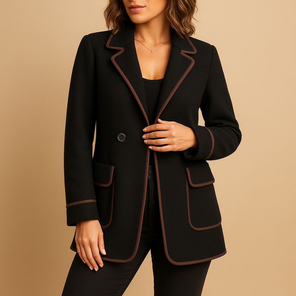 Notch Lapel Contrast Piping Single Button Flap Pocket Blazer