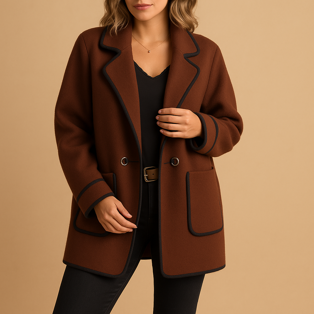 Notch Lapel Contrast Piping Single Button Flap Pocket Blazer