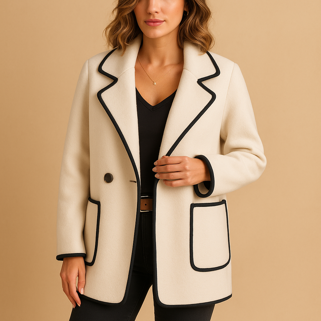 Notch Lapel Contrast Piping Single Button Flap Pocket Blazer