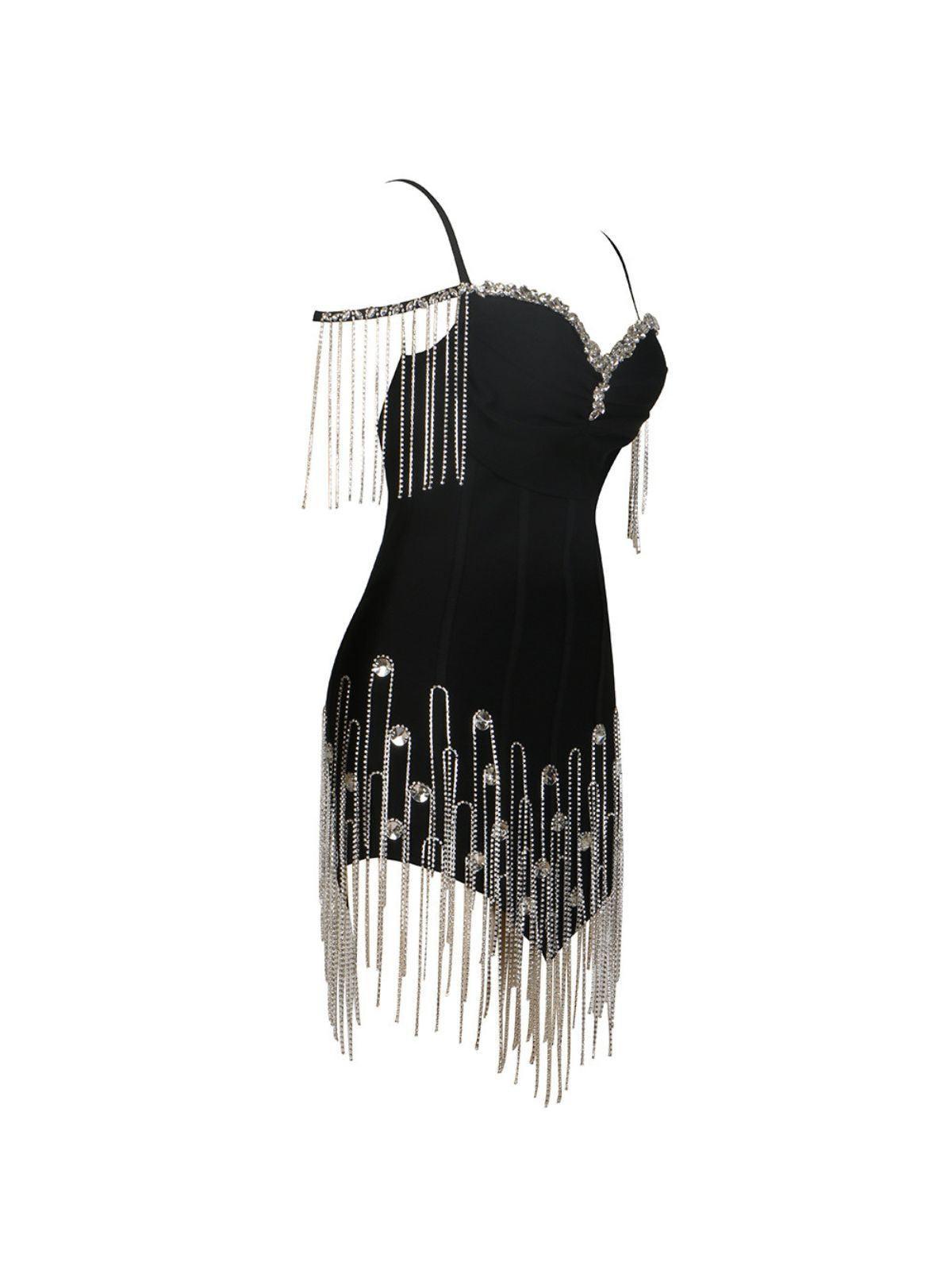 Sweetheart Rhinestone Strap Crystal Fringe Bandage Bodycon Mini Dress
