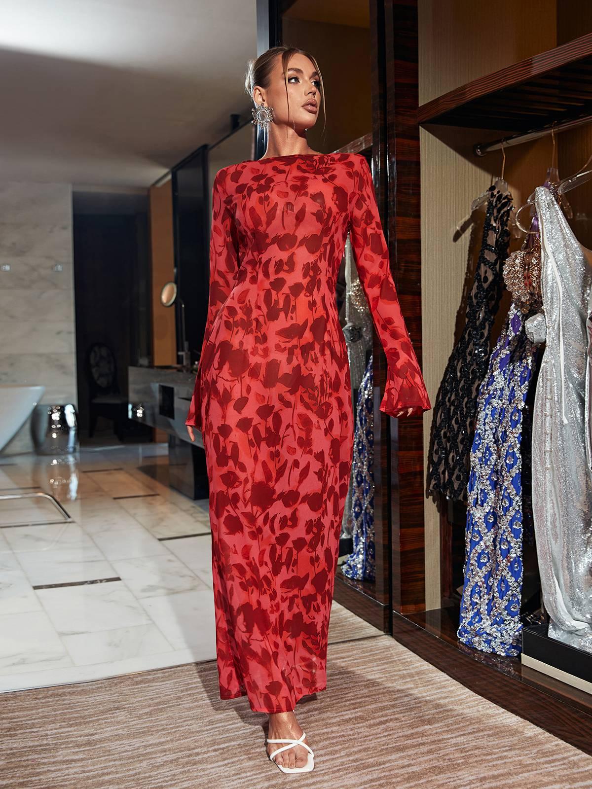 Long Sleeve Rose Printed Maxi Dress