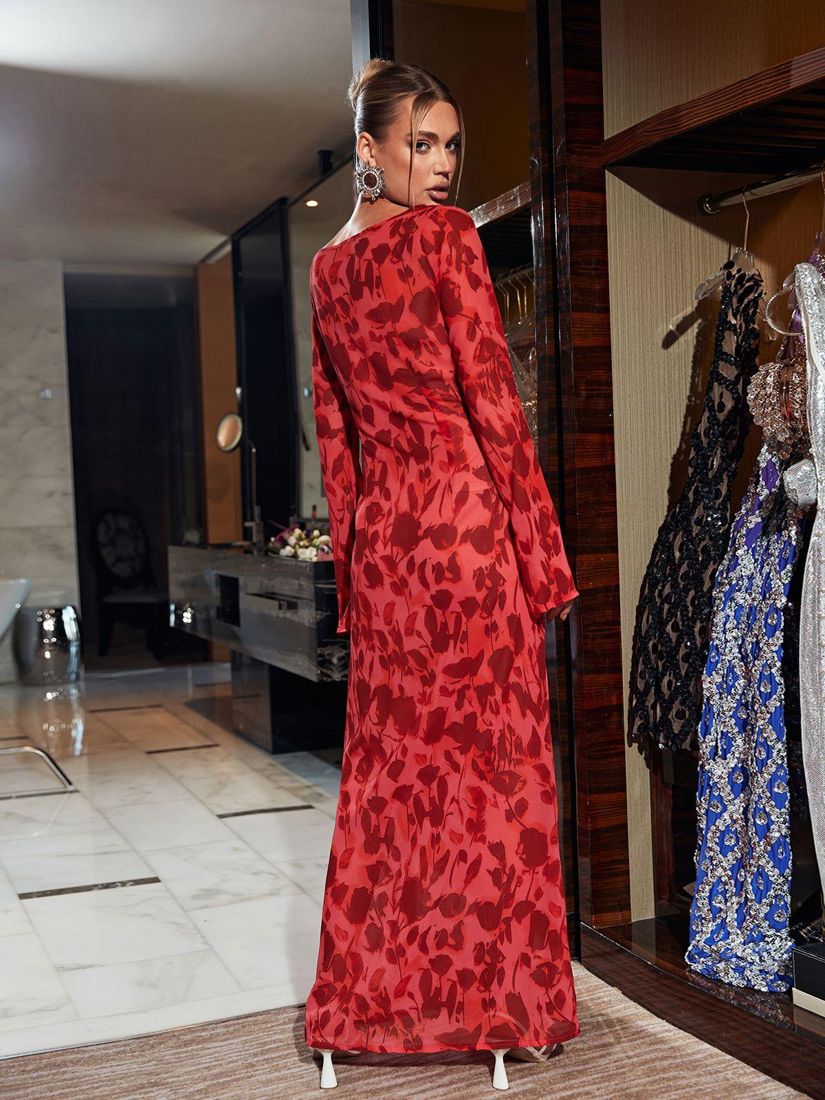 Long Sleeve Rose Printed Maxi Dress