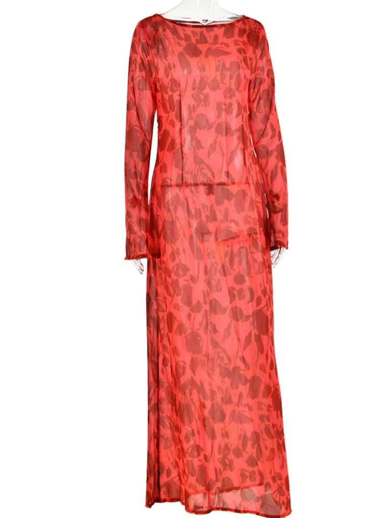 Long Sleeve Rose Printed Maxi Dress