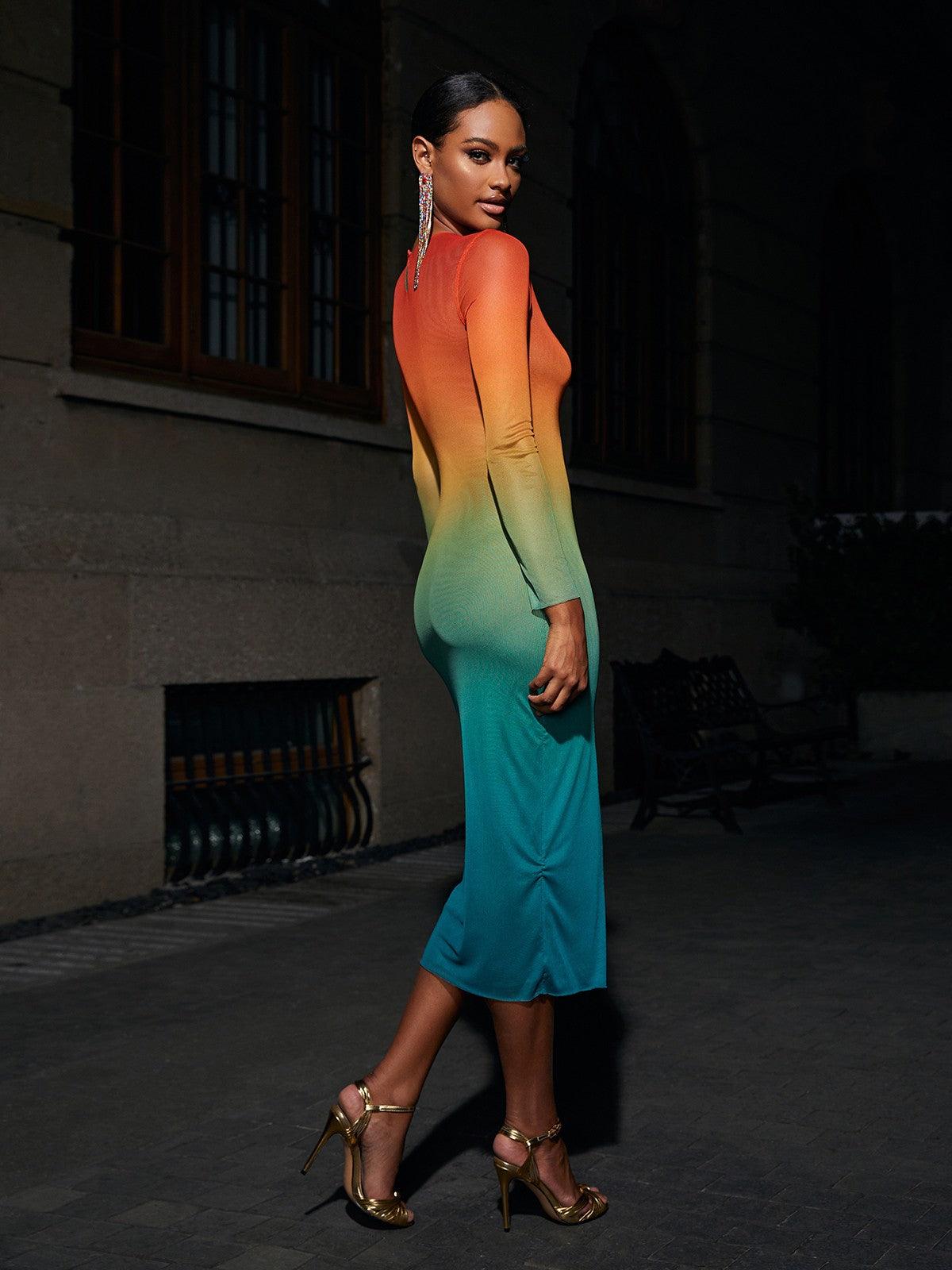 Crew Neck Long Sleeve Ombre Mesh Bodycon Midi Dress