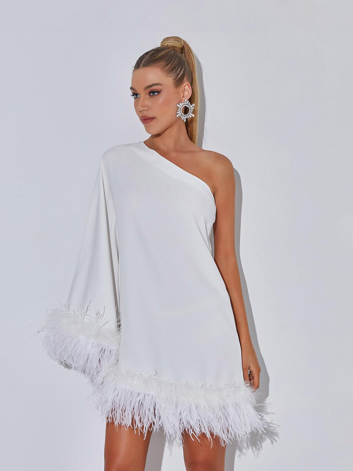 One Shoulder Feather Trim Draped Sleeve Shift Mini Dress