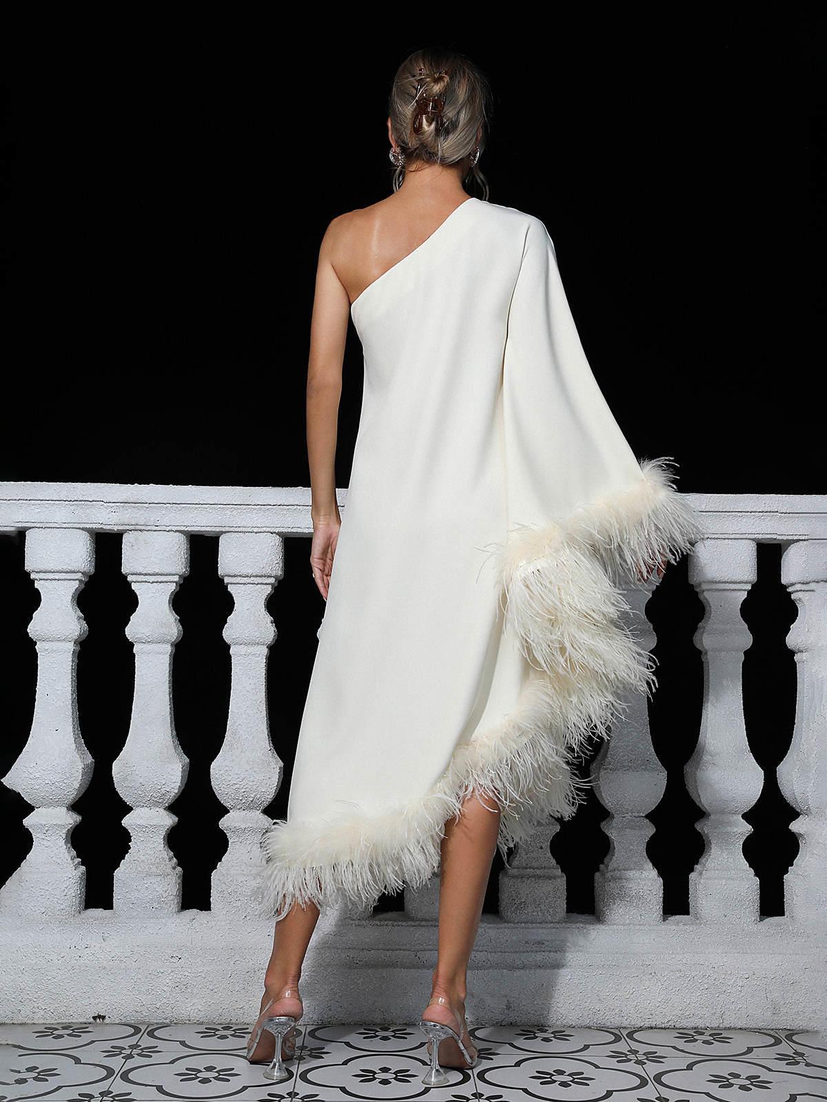 One Shoulder Feather Trim Draped Sleeve A-Line Midi Dress