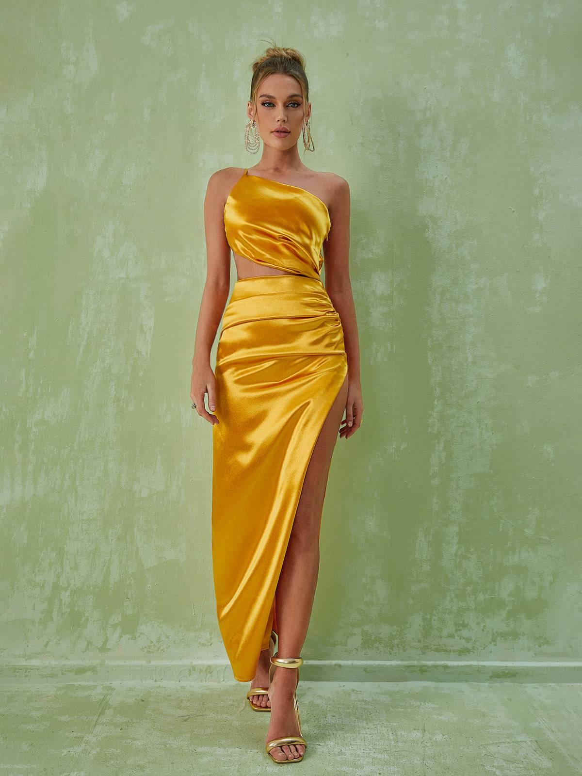 One Shoulder Satin Cutout Ruched High Slit Maxi Dress