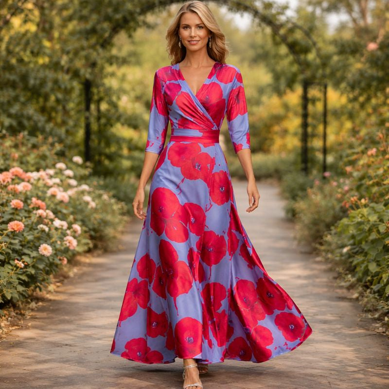 V-Neck Half Sleeve Floral Wrap Belted A-Line Maxi Dress
