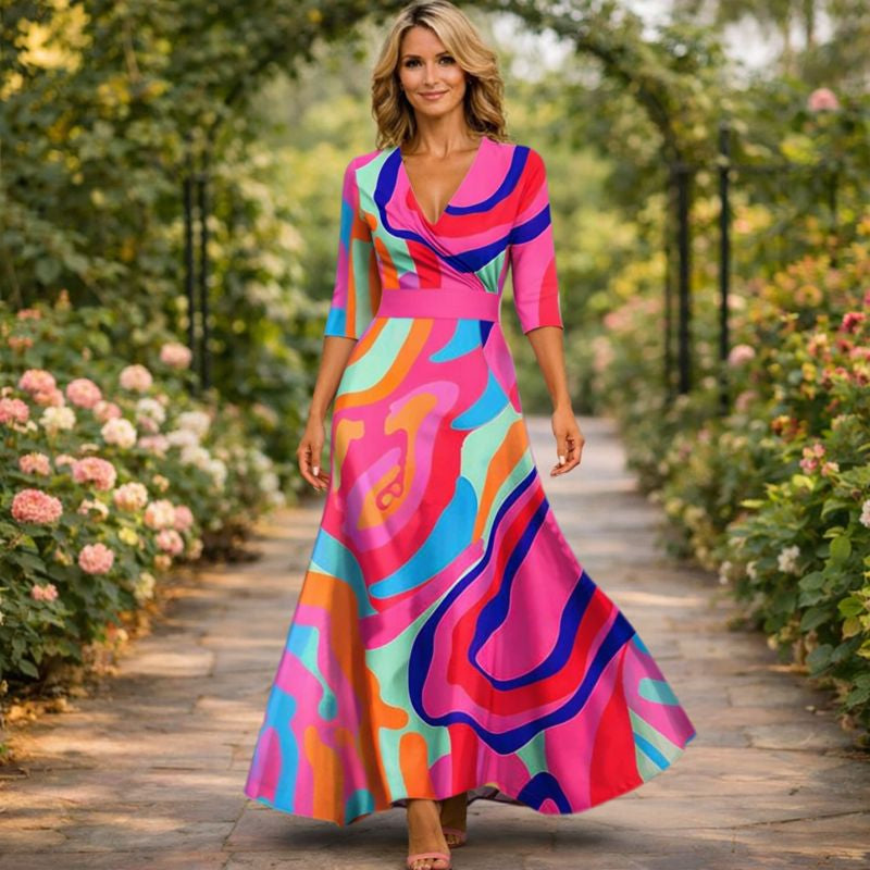 V-Neck Half Sleeve Floral Wrap Belted A-Line Maxi Dress