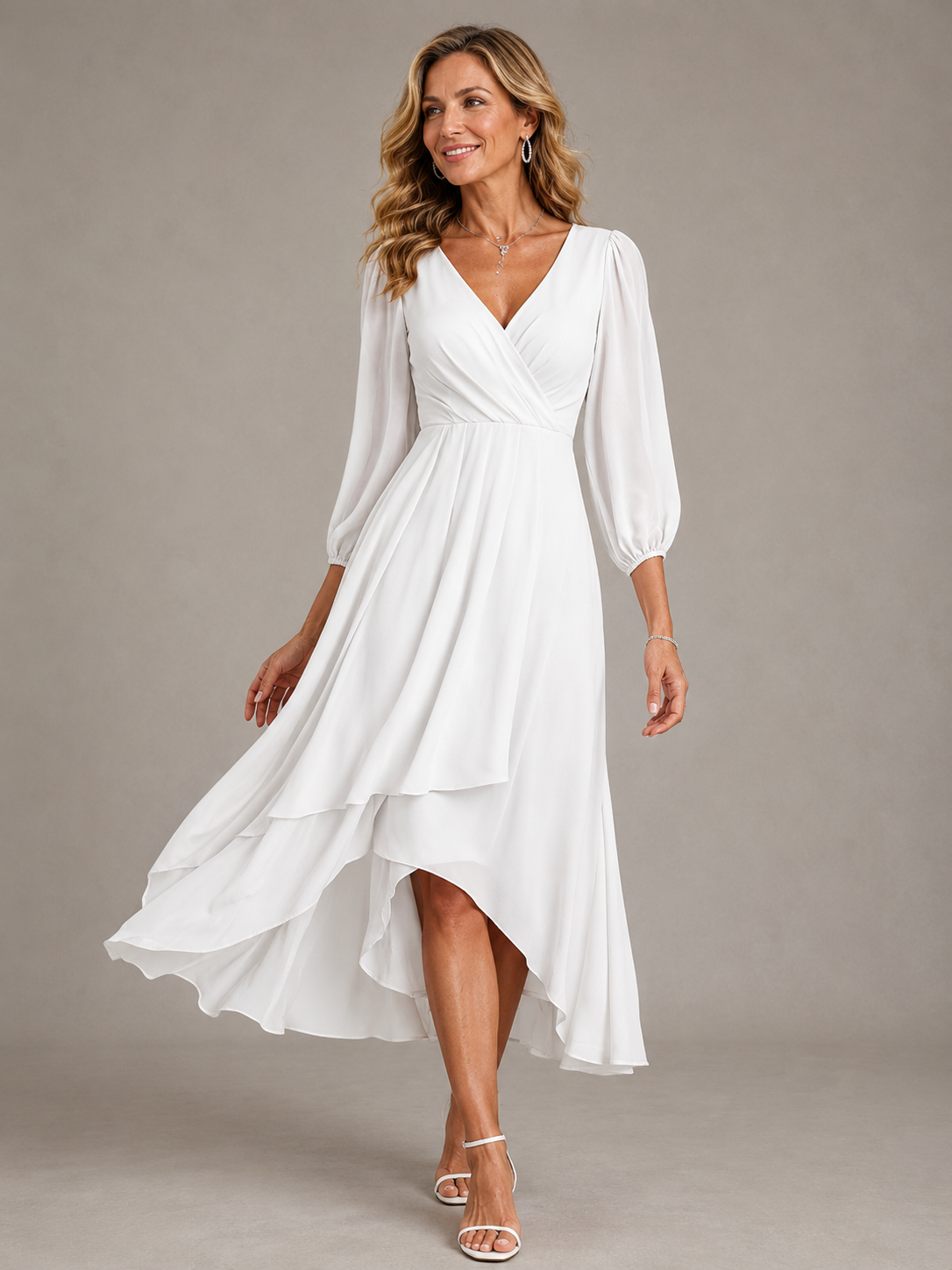 Surplice V-Neck Chiffon Bishop Sleeve High Low Ruffle Hem Maxi Dress