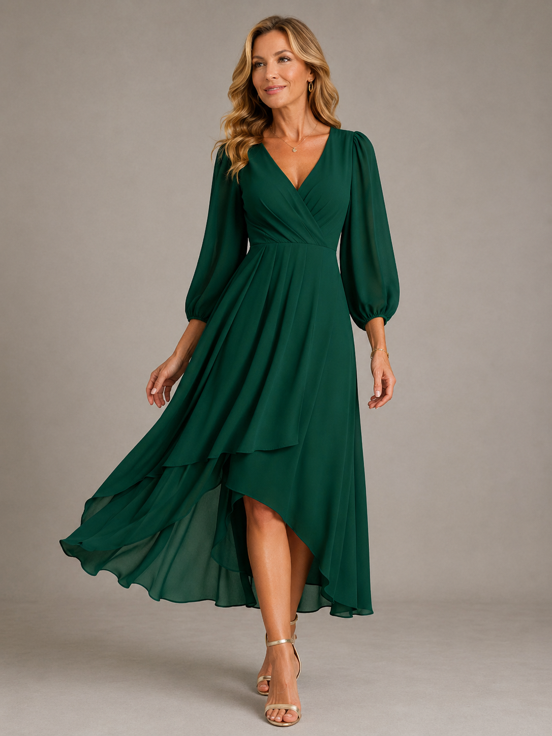 Surplice V-Neck Chiffon Bishop Sleeve High Low Ruffle Hem Maxi Dress