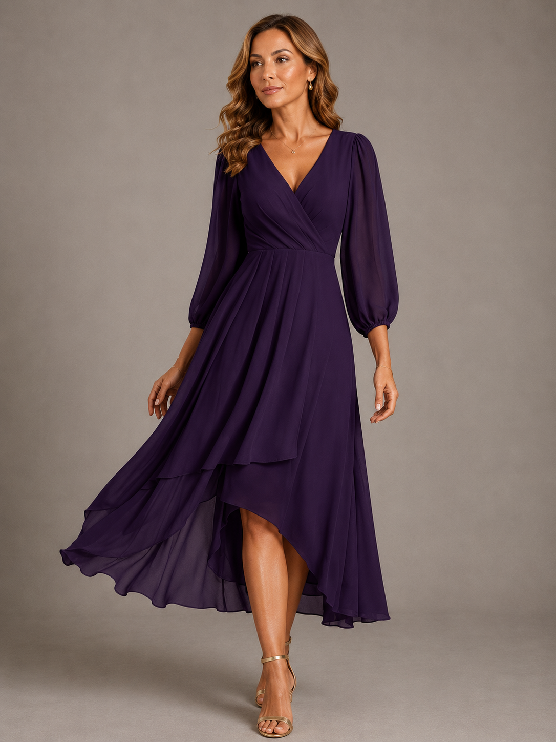 Surplice V-Neck Chiffon Bishop Sleeve High Low Ruffle Hem Maxi Dress
