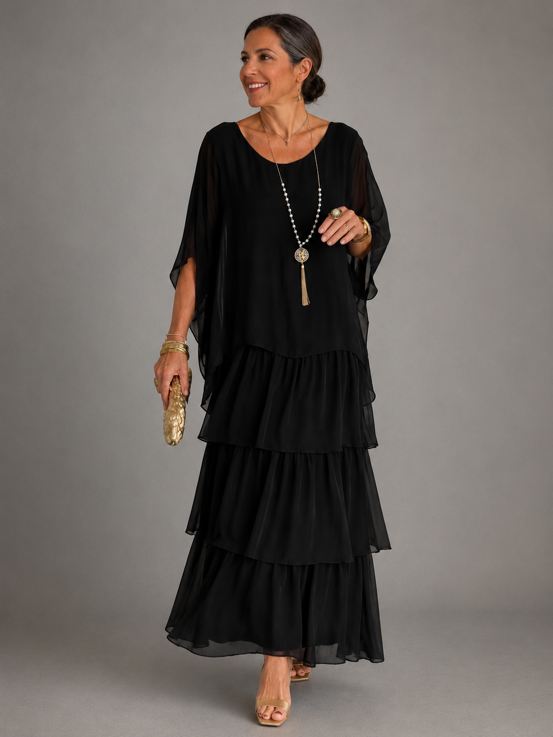 Round Neck Chiffon Cape Overlay Tiered Flowy Maxi Dress 2