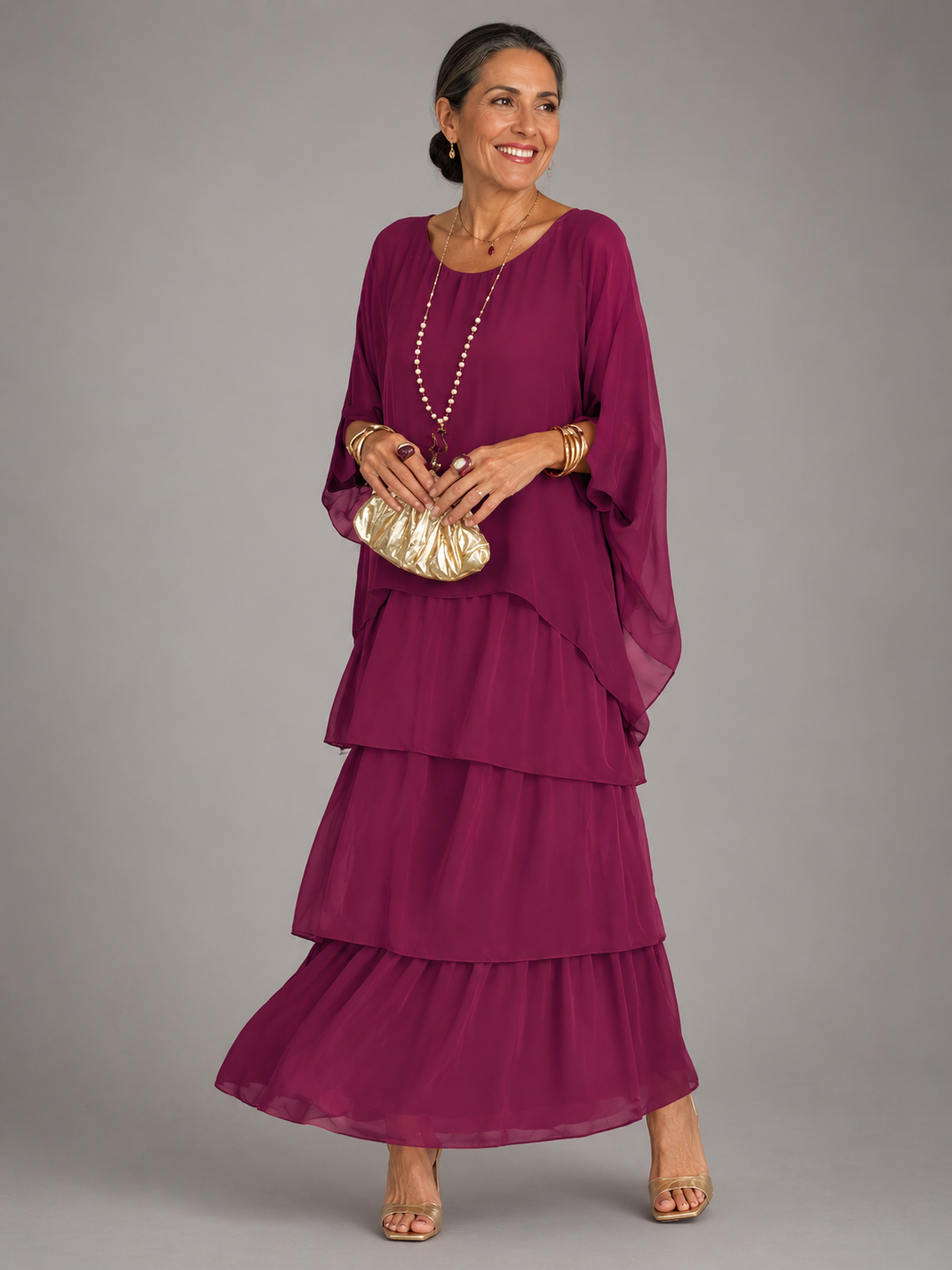 Round Neck Chiffon Cape Overlay Tiered Maxi Gown 5