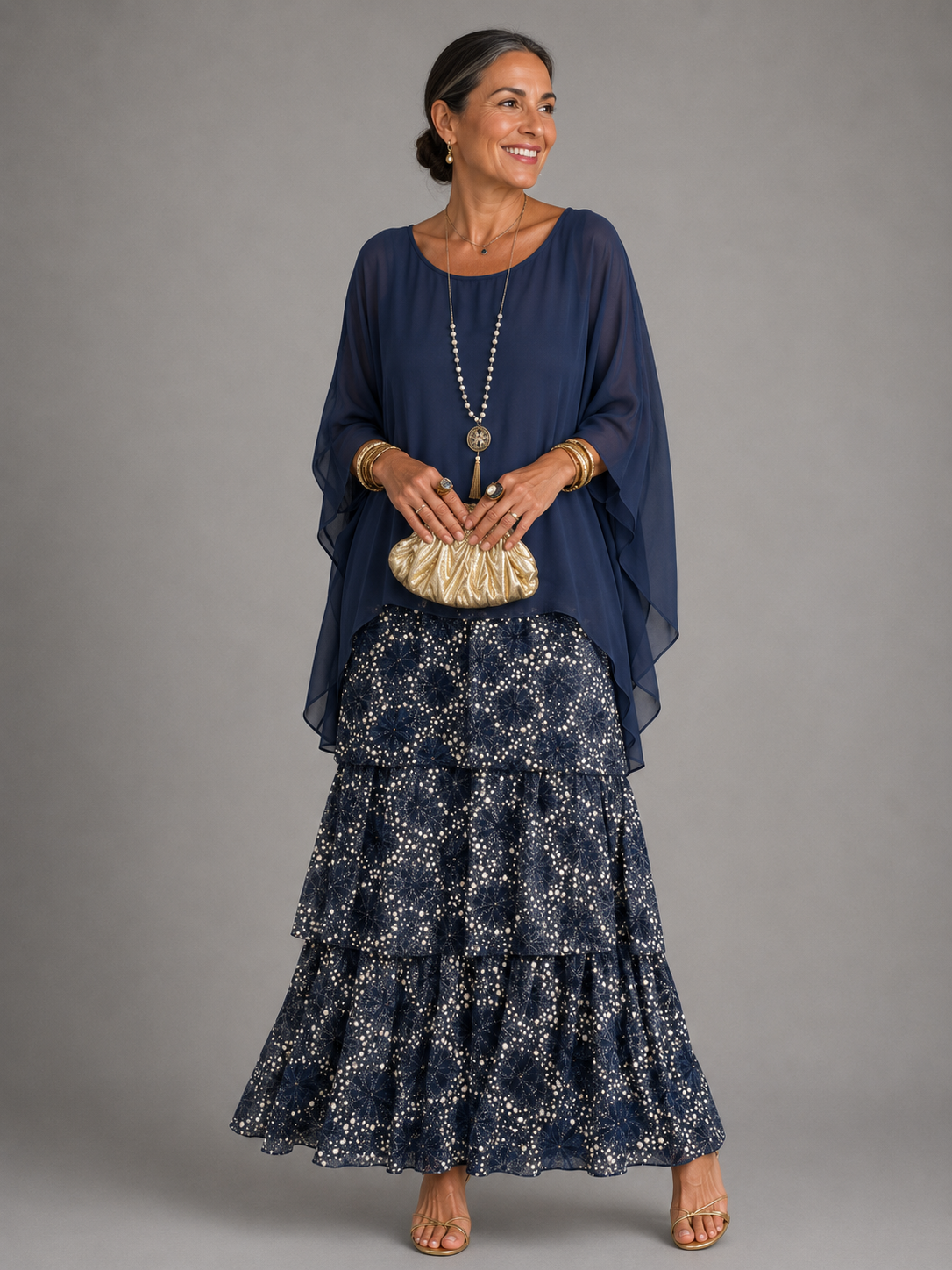 Round Neck Chiffon Cape Overlay Tiered Ruffle Maxi Dress 11