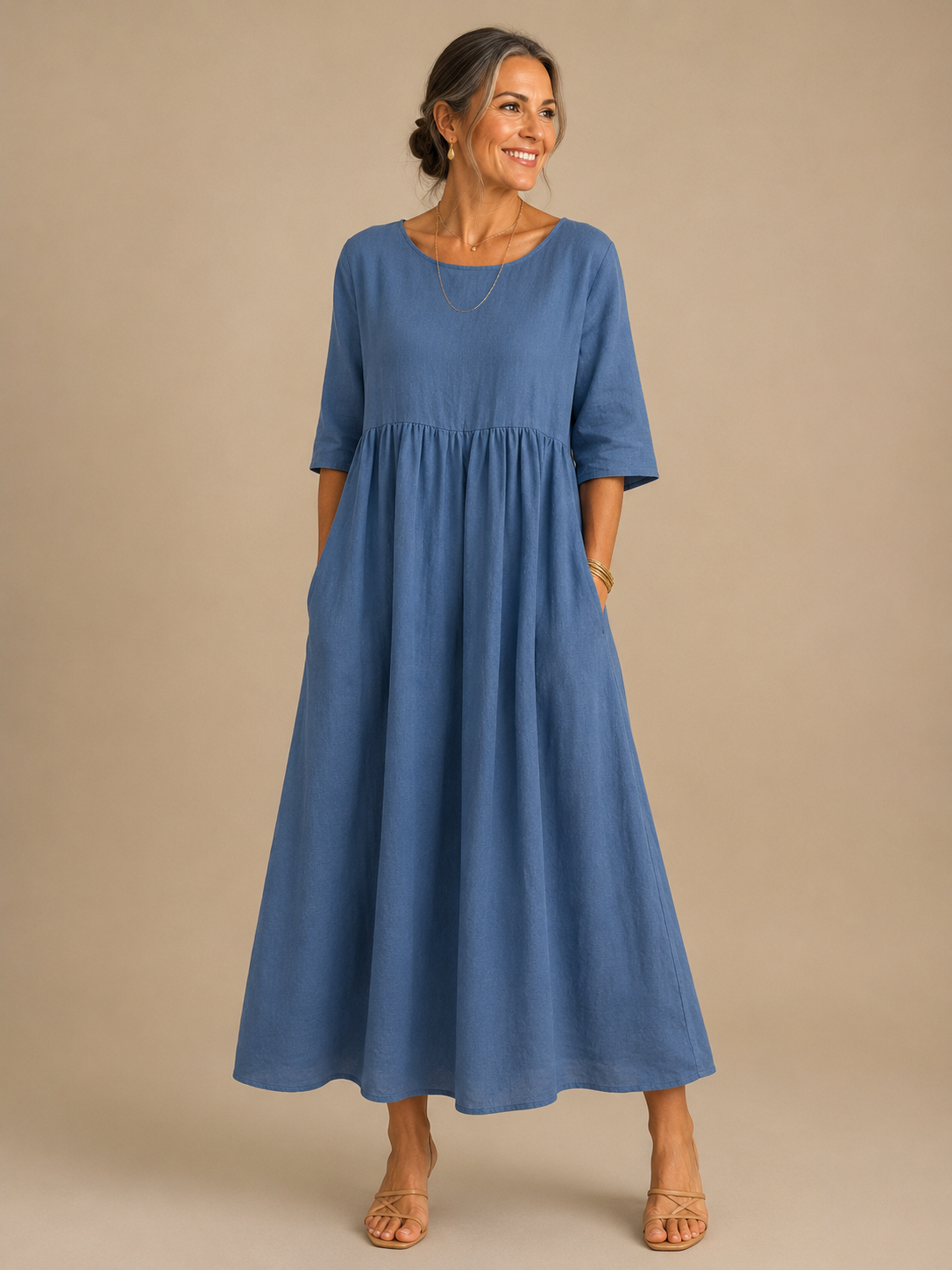 Round Neck Short Sleeve Linen Empire Waist Flowy Maxi Dress